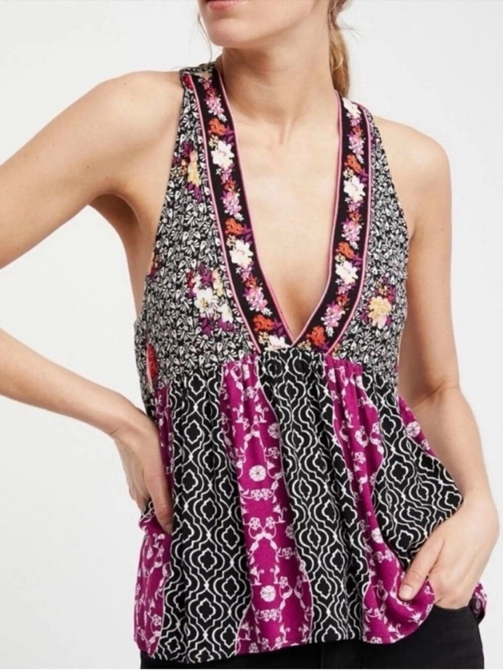 Free People Dream Darlin' Floral Patchwork V-Neck Sleeveless Top Purple/Black